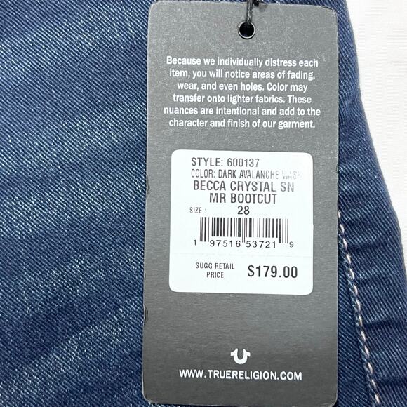 True Religion Becca Mid Rise Bootcut Jeans Women 28Wx32L Blue Rhinestones - Picture 9 of 9